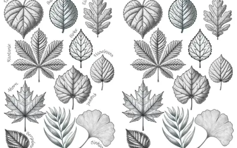 Eine vorlage blatt zum ausdrucken mit verschiedenen Baumblättern wie Linde, Buche, Eiche, Kastanie, Ahorn, Pappel, Ginkgo und mehr.