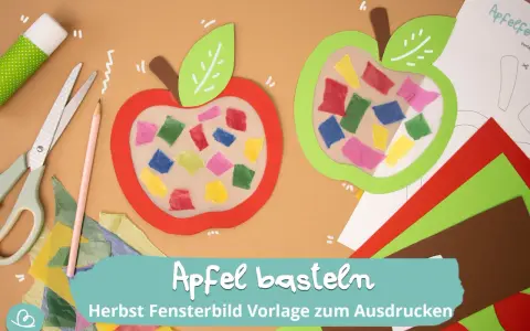 Bunte Papierstücke füllen die Fenster von zwei Apfel-Bastelvorlagen. Schere, Klebestift und Buntstift liegen bereit.