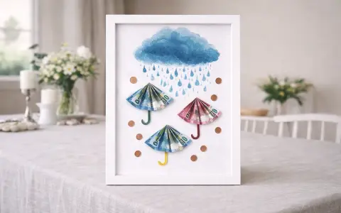 Gerahmte Kunst: Regenschirme aus gefaltetem Geld-Papier, die vor einem blauen Regen-Himmel und Münzen schützen.