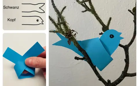 Bastelanleitung für einen einfachen Papier-Vogel im Kindergarten. Ein blauer Papier-Vogel sitzt auf einem Ast.
