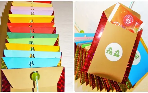 Bunte Umschläge für einen Tee Adventskalender selber machen. Kleine Sterne und Zahlen zieren die Päckchen.