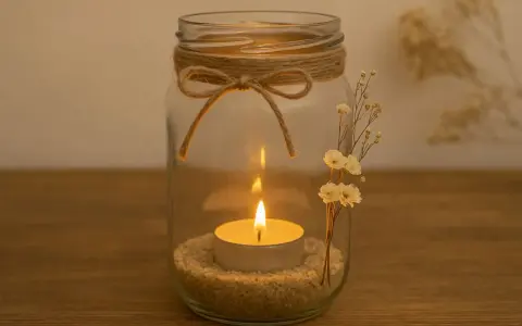 Ein Glas mit Sand, Teelicht und getrockneten Blumen. Mit Juteband und Schleife verziert – so einfach lassen sich schöne Teelichthalter basteln.