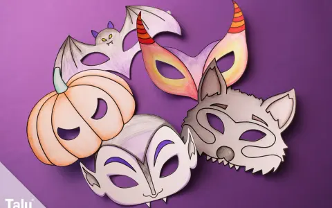 Bunte Halloween-Masken zum Ausdrucken: Fledermaus, Kürbis, Vampir, Wolf und Teufel. Perfekt zum Basteln!