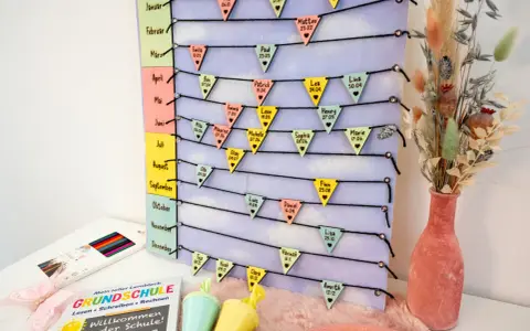 Geburtstagskalender basteln: Bunte Wimpel mit Namen und Geburtstagen hängen an Schnüren, die nach Monaten geordnet sind.
