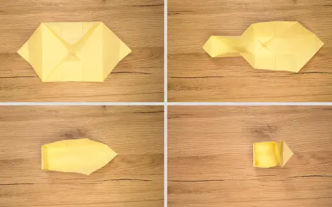 Schritt-für-Schritt-Anleitung für Origami: Ein gelbes Papier wird gefaltet, um eine kleine Schachtel zu formen.