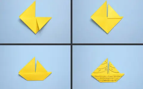 Vier Schritte, um ein gelbes segelboot falten einfach zu basteln. Vom gefalteten Papier zum fertigen Schiffchen.