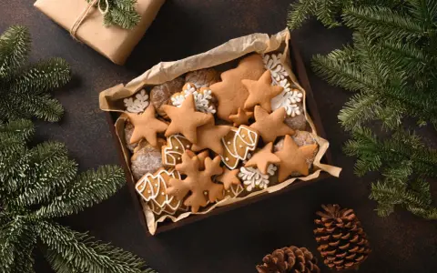 Leckere, selbstgemachte Weihnachtskekse in Stern- und Baumform, verpackt als liebevolle Weihnachts giveaways.