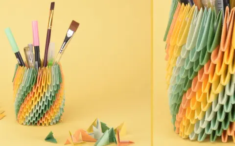Bunte Origami-Becher mit Stiften und Pinseln – tolle bastel ideen für Zuhause.