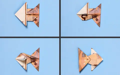 Vier gefaltete Geldscheine, die wie kleine Fische aussehen, schwimmen auf blauem Grund. Ein kreativer **fisch falten geld** Trick.