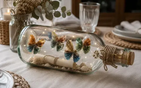 Eine Flaschenpost basteln: Eine Glasflasche gefüllt mit Muscheln, einer Schriftrolle, Lichterkette und gefalteten Schmetterlingen aus Geldscheinen.