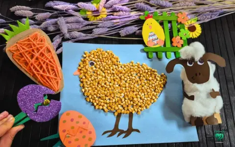 Bunte Oster bastelideen für Kinder: Ein Küken aus Körnern, ein Schaf aus Watte, Karotte & Ostereier.