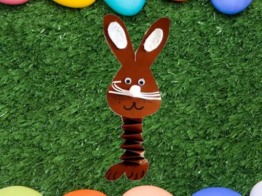 Brauner Papierhase mit Ziehharmonika-Körper, ein süßes Beispiel für Osterhasen basteln, auf grünem Kunstrasen mit bunten Eiern.