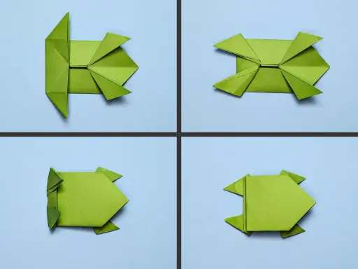 Vier Schritte zum Falten eines Papier-Springfrosches. Ein grünes Origami-Modell nimmt Gestalt an.