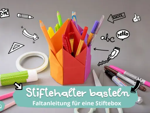 Bunte Papierfächer für Stiftehalter basteln. Mit Klebestift, Schere und vielen Stiften.