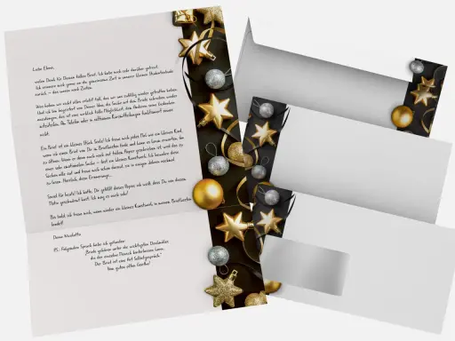 Weihnachtliches Briefpapier zum Ausdrucken kostenlos: goldene Sterne und Bänder auf schwarzem Grund, daneben ein Brief.