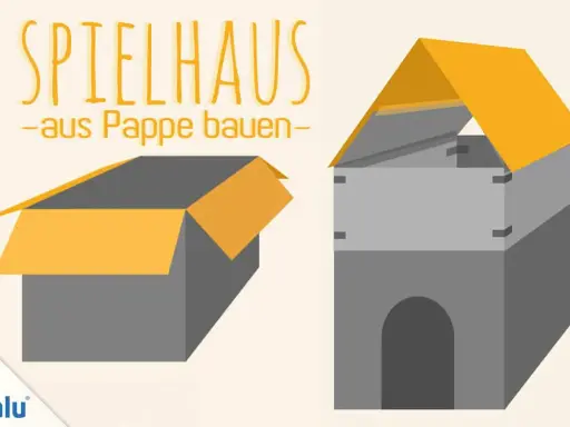Bastelanleitung: Ein Spielhaus aus Pappe bauen. Vorlage für ein einfaches Papphaus mit offenem Karton und fertigem Spielturm.