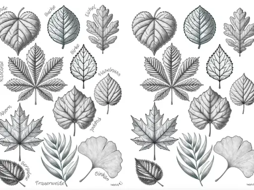 Eine vorlage blatt zum ausdrucken mit verschiedenen Baumblättern wie Linde, Buche, Eiche, Kastanie, Ahorn, Pappel, Ginkgo und mehr.