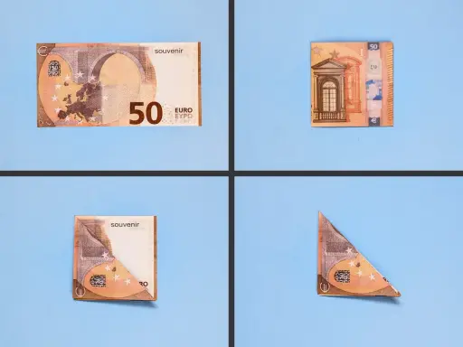 Schritt-für-Schritt-Anleitung, wie man aus 50-Euro-Scheinen eine Origami-Figur faltet.