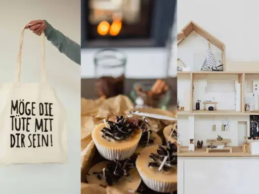 Last-minute Weihnachtsgeschenke selber machen: Stofftasche mit Spruch, duftende Kerzen und ein Puppenhaus.