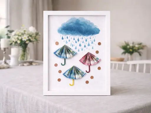 Gerahmte Kunst: Regenschirme aus gefaltetem Geld-Papier, die vor einem blauen Regen-Himmel und Münzen schützen.