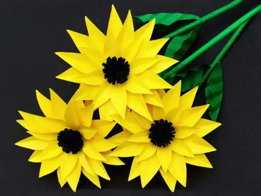 Drei gelbe Papier-Sonnenblumen mit schwarzen Zentren und grünen Stielen, ideal als sonnenblume basteln vorlage.
