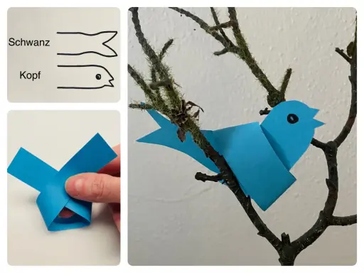 Bastelanleitung für einen einfachen Papier-Vogel im Kindergarten. Ein blauer Papier-Vogel sitzt auf einem Ast.