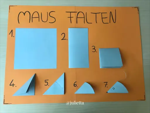 Schritt-für-Schritt-Anleitung, wie man eine Maus falten kann. Einfache Origami-Schritte für Kinder.
