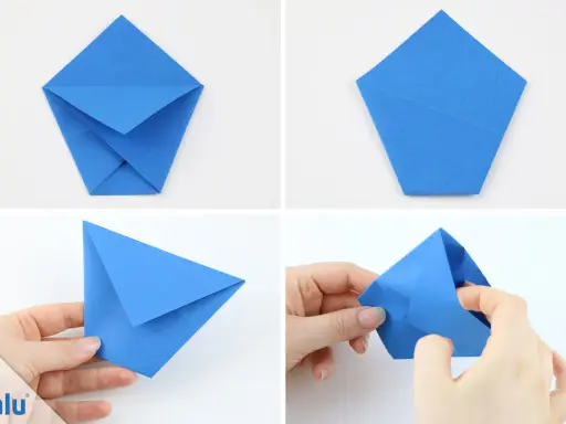 Schritt-für-Schritt-Anleitung: eine blaue Papier-Tasse basteln. Origami-Falttechnik für eine kleine Schale.