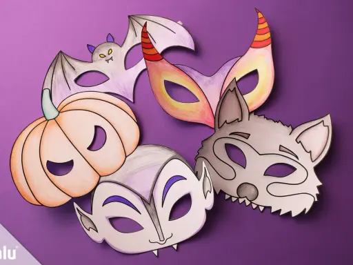 Bunte Halloween-Masken zum Ausdrucken: Fledermaus, Kürbis, Vampir, Wolf und Teufel. Perfekt zum Basteln!