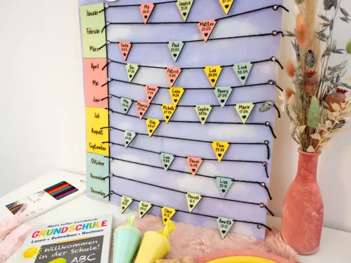 Geburtstagskalender basteln: Bunte Wimpel mit Namen und Geburtstagen hängen an Schnüren, die nach Monaten geordnet sind.