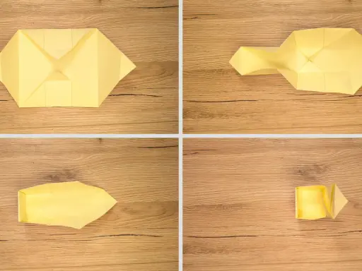 Schritt-für-Schritt-Anleitung für Origami: Ein gelbes Papier wird gefaltet, um eine kleine Schachtel zu formen.