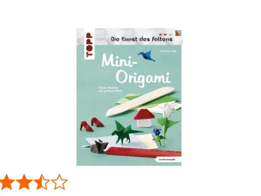 Kleine, kunstvolle Mini-Origami-Figuren wie ein Drache, Pilz und Blumen, die zum Falten einladen.