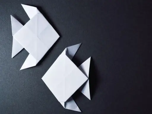 Zwei weiße Origami-Fische, kunstvoll gefaltet, schwimmen auf dunklem Grund.