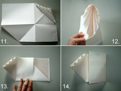 Schritt-für-Schritt-Anleitung zum Briefumschlag falten. Papier wird gefaltet, um eine Tasche zu formen.