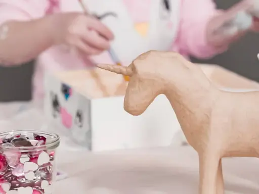 Ein Kind bastelt einfache Pappmache Figuren, hier ein Einhorn.