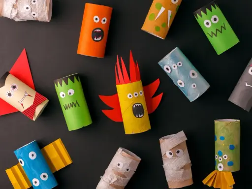 Bunte Monster und Mumien aus Klopapierrollen: Kreatives Basteln mit Klopapierrollen für Halloween.