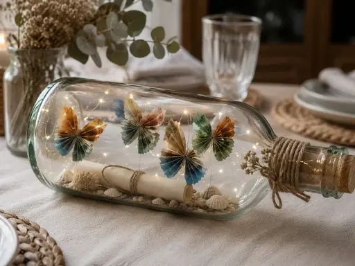 Eine Flaschenpost basteln: Eine Glasflasche gefüllt mit Muscheln, einer Schriftrolle, Lichterkette und gefalteten Schmetterlingen aus Geldscheinen.