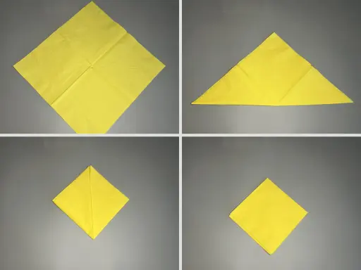 Schritt-für-Schritt-Anleitung zum Servietten falten Lilie. Gelbe Serviette wird zu einer eleganten Form gefaltet.