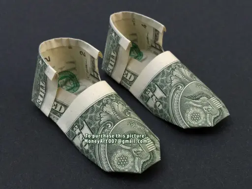 Zwei kunstvoll gefaltete Schuhe aus Geldscheinen, die wie kleine Ballerinas aussehen.