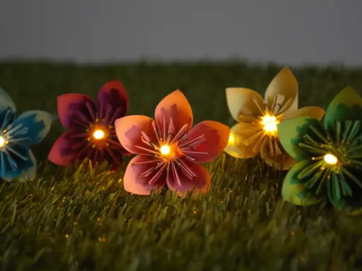 Bunte Papierblumen leuchten auf grünem Gras. Eine selbstgebastelte Lichterkette, die Kinder lieben werden.