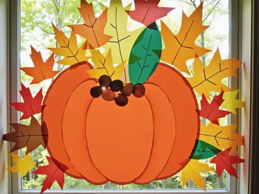 Herbstliche Fensterdeko basteln mit Kindern: Vorlagen für bunte Blätter und einen großen Kürbis schmücken das Fenster.