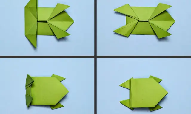 Vier Schritte zum Falten eines Papier-Springfrosches. Ein grünes Origami-Modell nimmt Gestalt an.