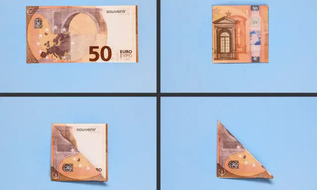 Schritt-für-Schritt-Anleitung, wie man aus 50-Euro-Scheinen eine Origami-Figur faltet.