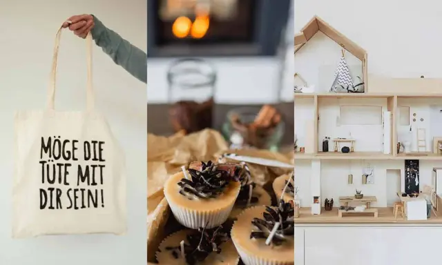 Last-minute Weihnachtsgeschenke selber machen: Stofftasche mit Spruch, duftende Kerzen und ein Puppenhaus.