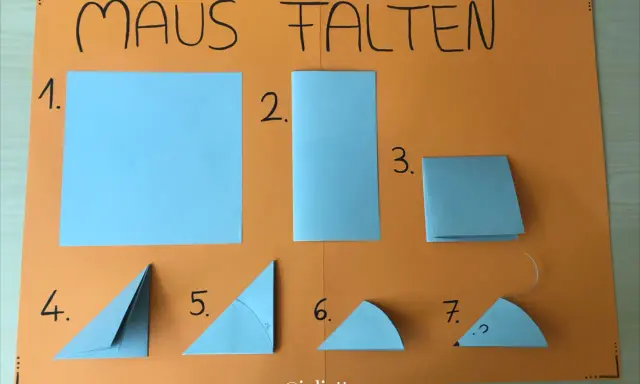 Schritt-für-Schritt-Anleitung, wie man eine Maus falten kann. Einfache Origami-Schritte für Kinder.