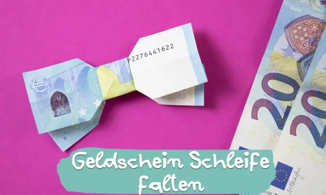 Eine Fliege aus Geld falten ist eine kreative Idee für Geschenke. Hier siehst du eine gefaltete Geld-Fliege auf pinkem Hintergrund.