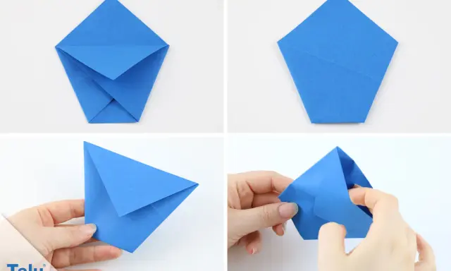 Schritt-für-Schritt-Anleitung: eine blaue Papier-Tasse basteln. Origami-Falttechnik für eine kleine Schale.