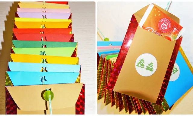 Bunte Umschläge für einen Tee Adventskalender selber machen. Kleine Sterne und Zahlen zieren die Päckchen.