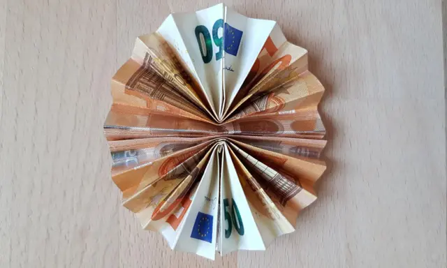 Gefaltetes Geld, wie ein Fächer, mit 50-Euro-Scheinen. Ein schlauer Fuchs spart sein Geld.