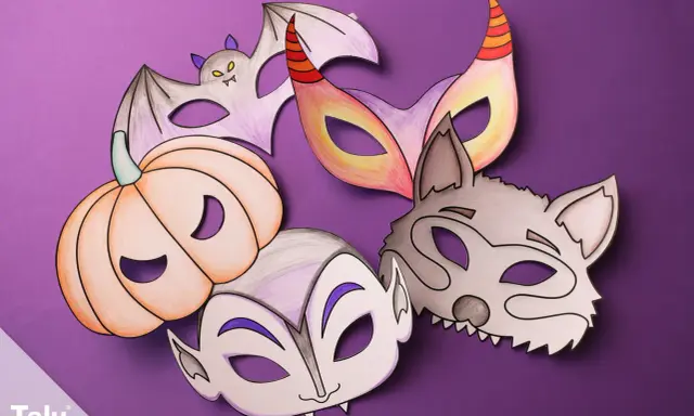 Bunte Halloween-Masken zum Ausdrucken: Fledermaus, Kürbis, Vampir, Wolf und Teufel. Perfekt zum Basteln!